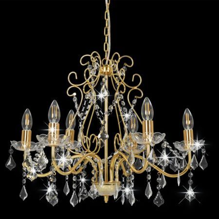 Chandelier with Crystal Beads Golden Round 6 x E14