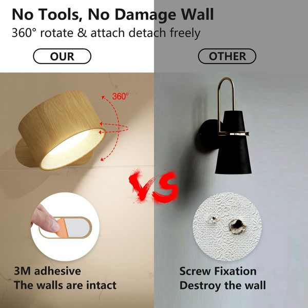 Rechargeable LED Wall Sconce Wall Mounted Light with USB Port 3 Colour Temperatures 3 Brightness Levels 360 Degree Magnetic Rotation Cordless Wood Finish