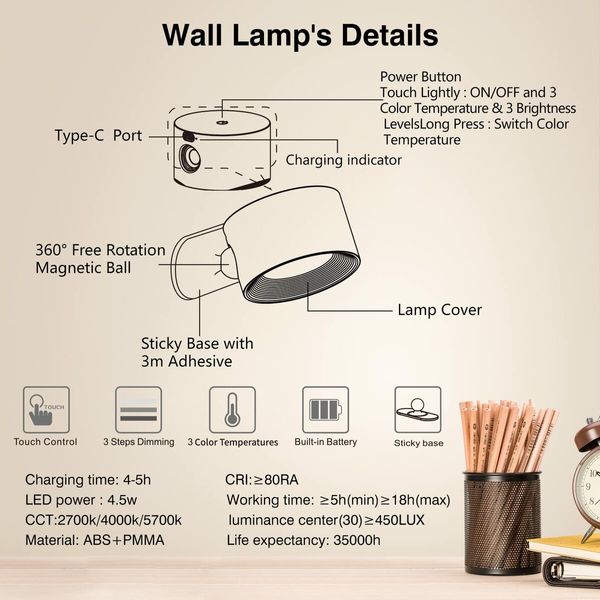 Rechargeable LED Wall Sconce Wall Mounted Light with USB Port 3 Colour Temperatures 3 Brightness Levels 360 Degree Magnetic Rotation Cordless Wood Finish