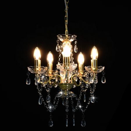 Chandelier with Crystal Beads Golden Round 5 x E14