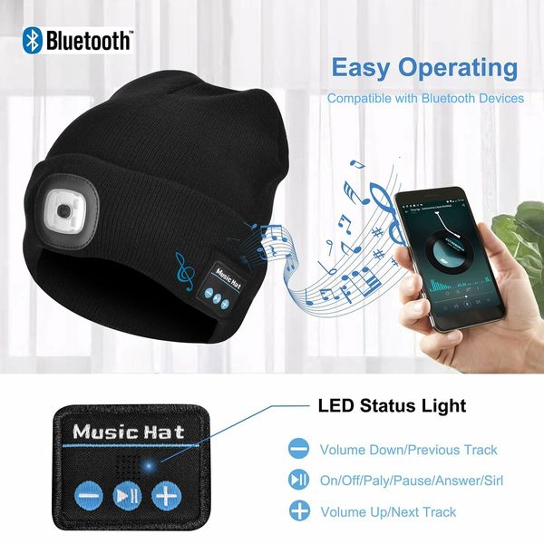 Men's Beanie with Bluetooth and LED, 2 in 1 Rechargeable Winter Beanie V5.0 Bluetooth Hat-White