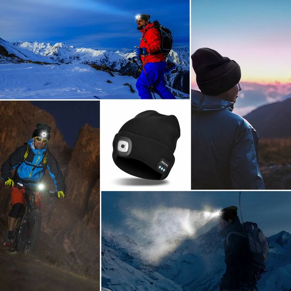 Men's Beanie with Bluetooth and LED, 2 in 1 Rechargeable Winter Beanie V5.0 Bluetooth Hat-White