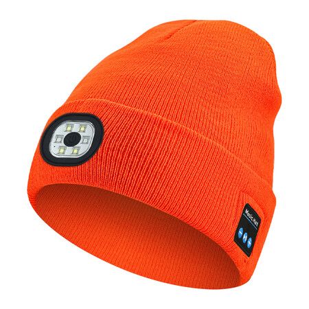 Men's Beanie with Bluetooth and LED, 2 in 1 Rechargeable Winter Beanie V5.0 Bluetooth Hat-Orange