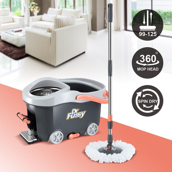 Spin Mop and Bucket Set Floor Cleaner Dust Magic Dry Twist Cleaning System 4 Microfibre Heads for Wood Tile Hardwood