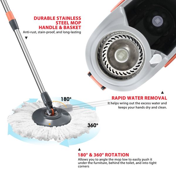 Spin Mop and Bucket Set Floor Cleaner Dust Magic Dry Twist Cleaning System 4 Microfibre Heads for Wood Tile Hardwood