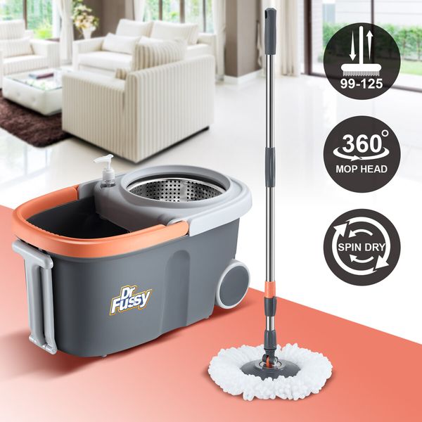 Spin Mop and Bucket Kit Wood Tile Floor Cleaner 4 Microfibre Heads Magic Dry Twist Dust Cleaning System