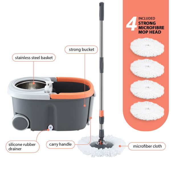 Spin Mop and Bucket Kit Wood Tile Floor Cleaner 4 Microfibre Heads Magic Dry Twist Dust Cleaning System