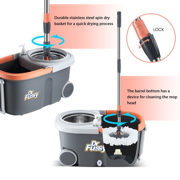 Spin Mop and Bucket Kit Wood Tile Floor Cleaner 4 Microfibre Heads Magic Dry Twist Dust Cleaning System