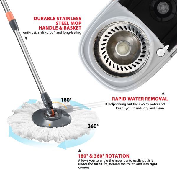 Spin Mop and Bucket Kit Wood Tile Floor Cleaner 4 Microfibre Heads Magic Dry Twist Dust Cleaning System