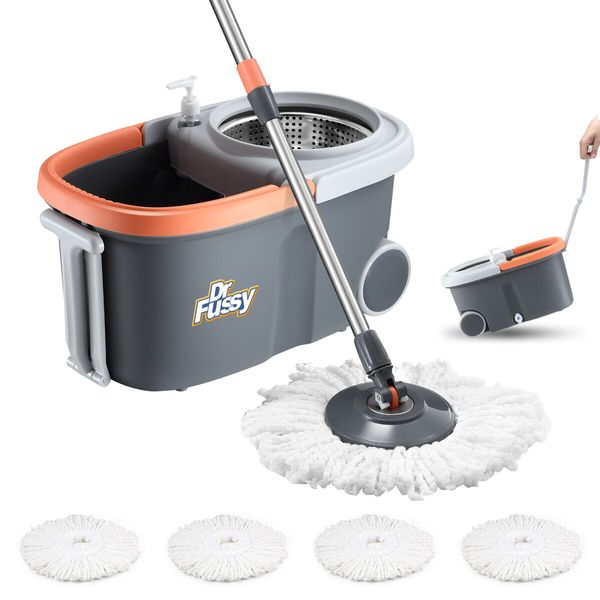 Spin Mop and Bucket Kit Wood Tile Floor Cleaner 4 Microfibre Heads Magic Dry Twist Dust Cleaning System