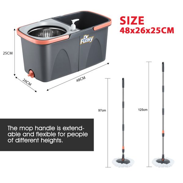 Spin Mop and Twin Bucket Set Tile Wood Floor Cleaner 4 Microfibre Heads Magic Dry Twist Separate Stackable Cleaning System