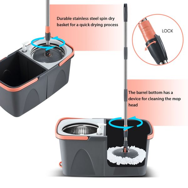 Spin Mop and Twin Bucket Set Tile Wood Floor Cleaner 4 Microfibre Heads Magic Dry Twist Separate Stackable Cleaning System