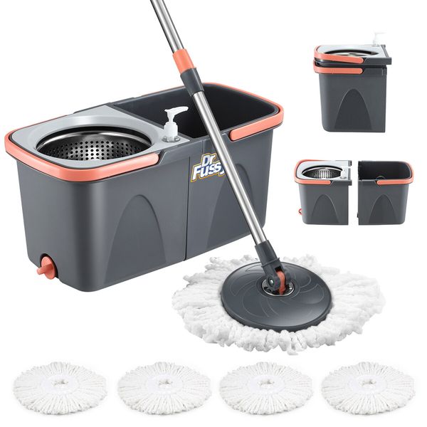 Spin Mop and Twin Bucket Set Tile Wood Floor Cleaner 4 Microfibre Heads Magic Dry Twist Separate Stackable Cleaning System