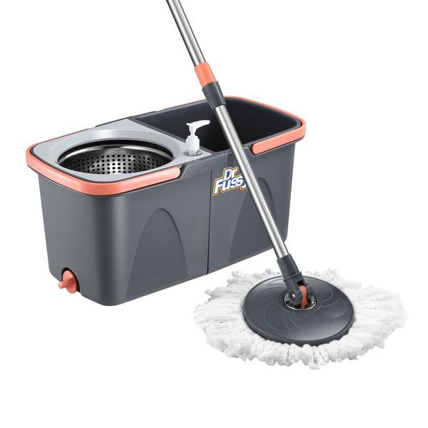 Spin Mop and Twin Bucket Set Tile Wood Floor Cleaner 4 Microfibre Heads Magic Dry Twist Separate Stackable Cleaning System