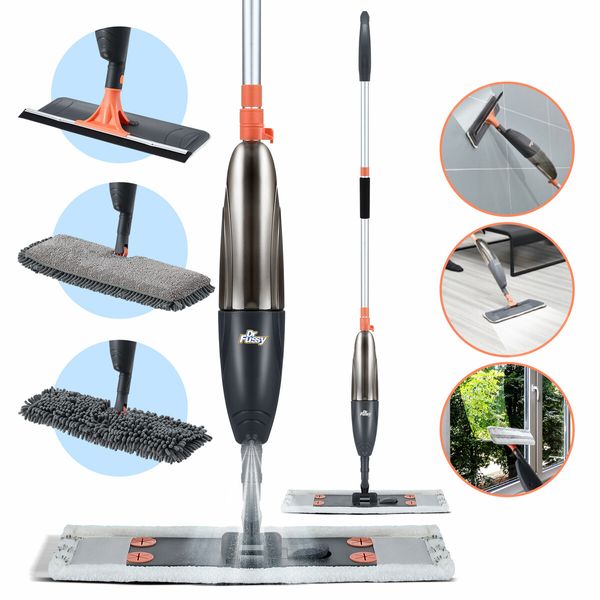 Spray Floor Mop Cleaner 3 Microfiber Heads Wood Tile Dry Dust Water Liquid Jet Cleaning System with 520ml Spraying Bottle