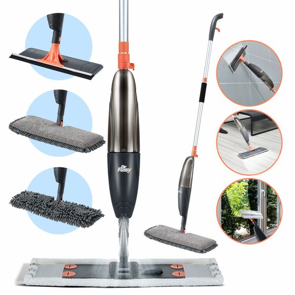 Spray Floor Mop Cleaner 3 Microfiber Heads Wood Tile Dry Dust Water Liquid Jet Cleaning System with 520ml Spraying Bottle