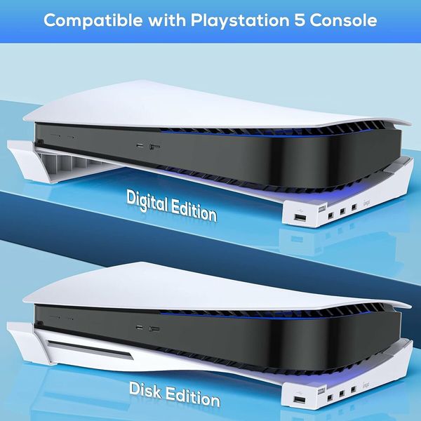 Horizontal Stand for PS5 with 4 USB Extension, Cabinet Console Laydown Holder with Charging Data USB Hub