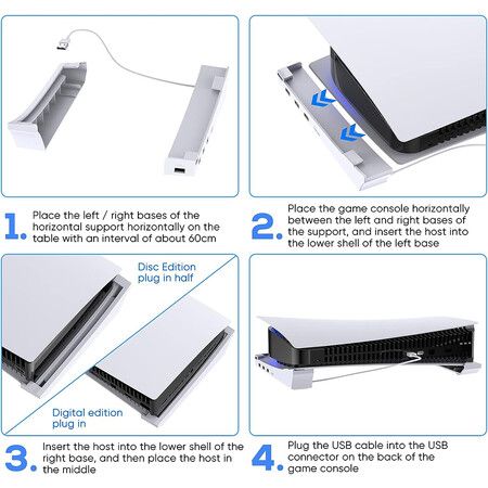 Horizontal Stand for PS5 with 4 USB Extension, Cabinet Console Laydown Holder with Charging Data USB Hub