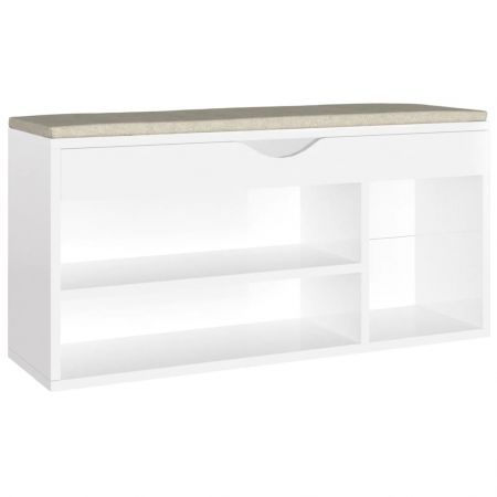 Shoe Bench with Cushion High Gloss White 104x30x49 cm Engineered Wood