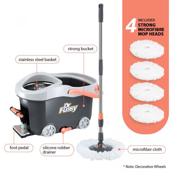 Spin Mop and Bucket Set Floor Cleaner Dust Magic Dry Twist Cleaning System 4 Microfibre Heads for Wood Tile Hardwood