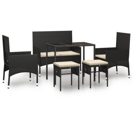 6 Piece Garden Lounge Set with Cushions Black Poly Rattan