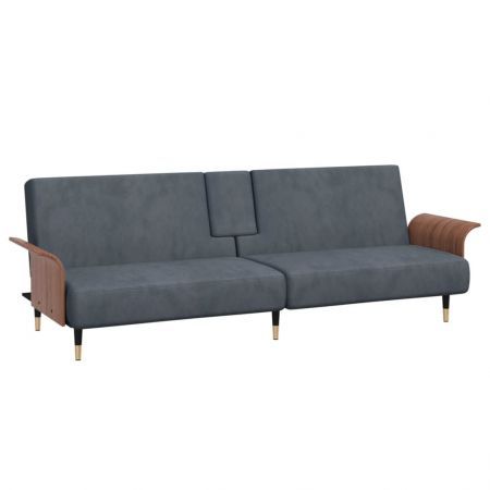 Sofa Bed with Cup Holders Dark Grey Velvet