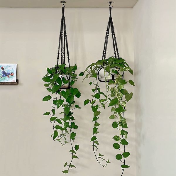 Macrame Plant Hanger Indoor Hanging Planter Basket with Wood Beads Decorative Flower Pot Holder No Tassels for Indoor Outdoor Boho Home Decor 90cm/35Inch,Black,2Pack (POTS NOT Included)