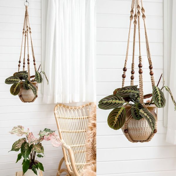 Macrame Plant Hanger Indoor Hanging Planter Basket with Wood Beads Decorative Flower Pot Holder No Tassels for Indoor Outdoor Boho Home Decor 90cm/35Inch,Brown,2Pack (POTS NOT Included)