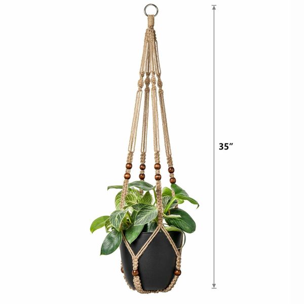 Macrame Plant Hanger Indoor Hanging Planter Basket with Wood Beads Decorative Flower Pot Holder No Tassels for Indoor Outdoor Boho Home Decor 90cm/35Inch,Brown,2Pack (POTS NOT Included)