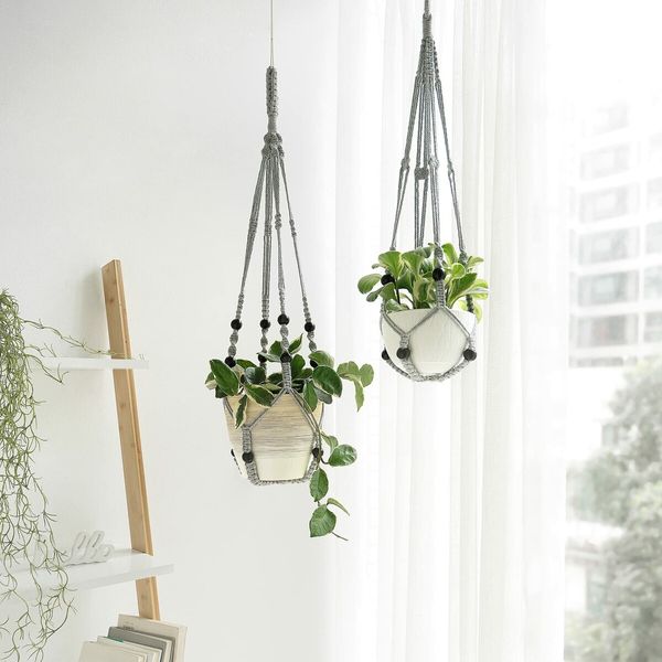 Macrame Plant Hanger Indoor Hanging Planter Basket with Wood Beads Decorative Flower Pot Holder No Tassels for Indoor Outdoor Boho Home Decor 90cm/35Inch,Grey,2Pack (POTS NOT Included)