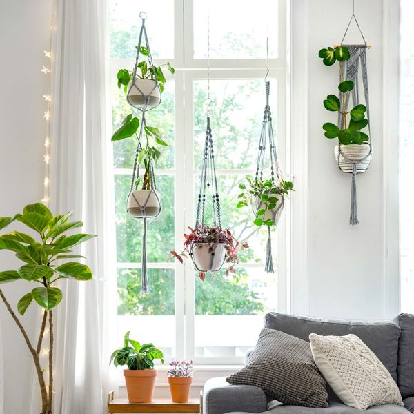 Macrame Plant Hanger Indoor Hanging Planter Basket with Wood Beads Decorative Flower Pot Holder No Tassels for Indoor Outdoor Boho Home Decor 90cm/35Inch,Grey,2Pack (POTS NOT Included)