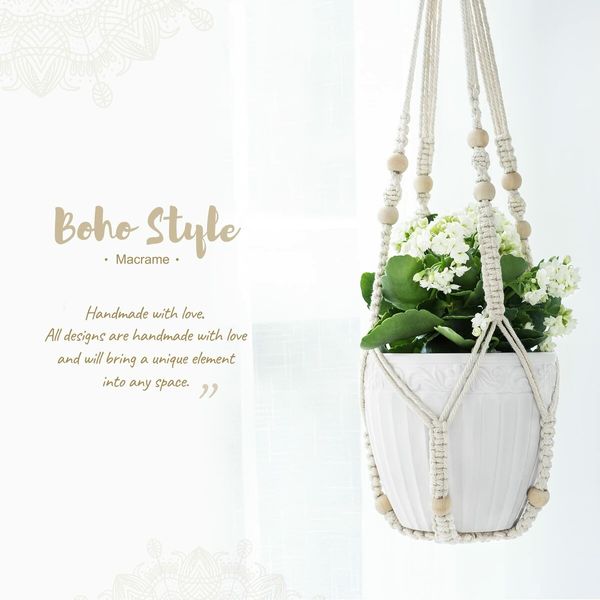 Macrame Plant Hanger Indoor Hanging Planter Basket with Wood Beads Decorative Flower Pot Holder No Tassels for Indoor Outdoor Boho Home Decor 90cm/35Inch,Ivory,2Pack (POTS NOT Included)