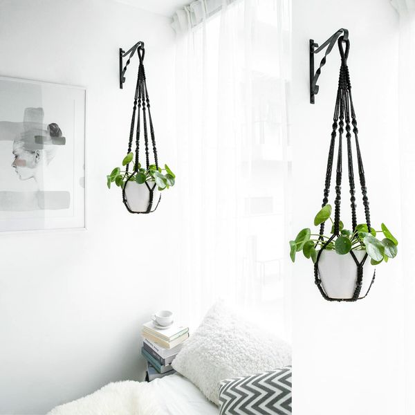 Macrame Plant Hanger Indoor Hanging Planter Basket with Wood Beads Decorative Flower Pot Holder No Tassels for Indoor Outdoor Boho Home Decor 90cm/35Inch,Black,1pcs (POTS NOT Included)