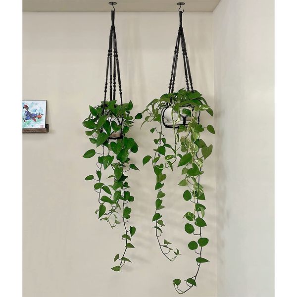 Macrame Plant Hanger Indoor Hanging Planter Basket with Wood Beads Decorative Flower Pot Holder No Tassels for Indoor Outdoor Boho Home Decor 90cm/35Inch,Black,1pcs (POTS NOT Included)