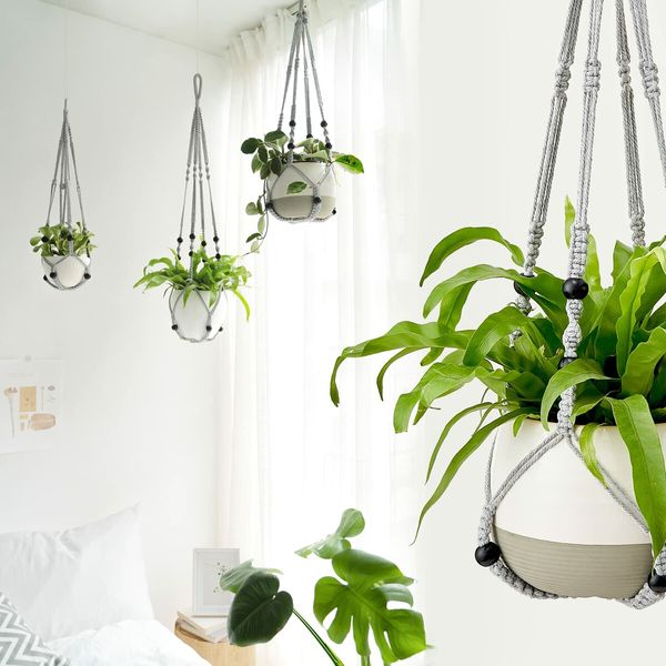 Macrame Plant Hanger Indoor Hanging Planter Basket with Wood Beads Decorative Flower Pot Holder No Tassels for Indoor Outdoor Boho Home Decor 90cm/35Inch,Grey,1pcs (POTS NOT Included)