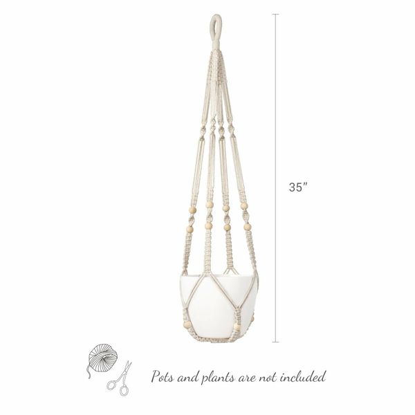 Macrame Plant Hanger Indoor Hanging Planter Basket with Wood Beads Decorative Flower Pot Holder No Tassels for Indoor Outdoor Boho Home Decor 90cm/35Inch,Ivory,1pcs (POTS NOT Included)