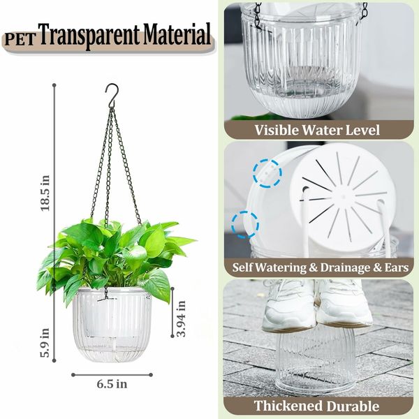 2 Pack Self Watering Hanging Planters Indoor Flower Pots,6.5 Inch Outdoor Hanging Basket,Plant Hanger with 3Hooks Drainage Holes for Garden Home (White)