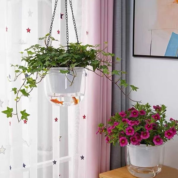 2 Pack Self Watering Hanging Planters Indoor Flower Pots,6.5 Inch Outdoor Hanging Basket,Plant Hanger with 3Hooks Drainage Holes for Garden Home (Transparent)