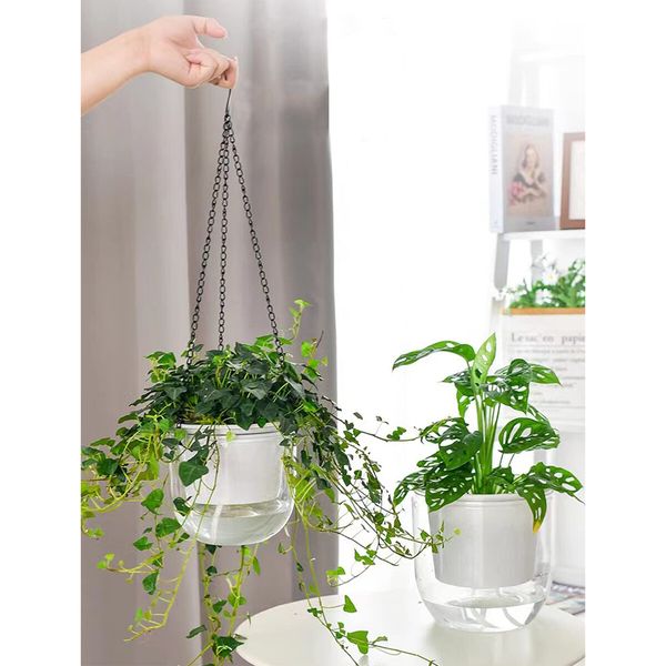 2 Pack Self Watering Hanging Planters Indoor Flower Pots,6.5 Inch Outdoor Hanging Basket,Plant Hanger with 3Hooks Drainage Holes for Garden Home (Transparent)