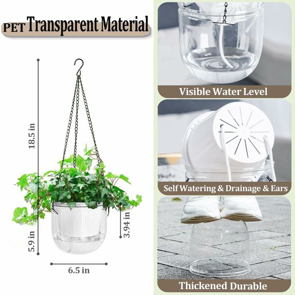 2 Pack Self Watering Hanging Planters Indoor Flower Pots,6.5 Inch Outdoor Hanging Basket,Plant Hanger with 3Hooks Drainage Holes for Garden Home (Transparent)