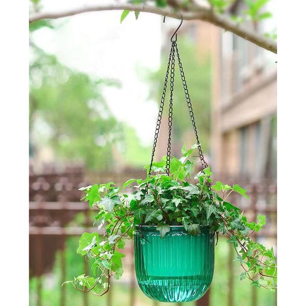 2 Pack Self Watering Hanging Planters Indoor Flower Pots,6.5 Inch Outdoor Hanging Basket,Plant Hanger with 3Hooks Drainage Holes for Garden Home (Emerald)