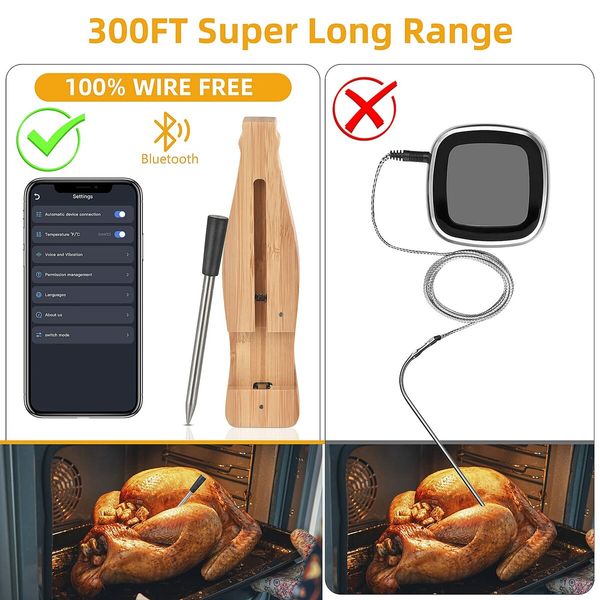 Wireless Meat Thermometer,450ft Meat Thermometer Digital,Smart APP Control Bluetooth Food Thermometer,Ultra-Sensitive Kitchen Thermometer with Thinner Probe for Cooking,Oven,Grill,BBQ