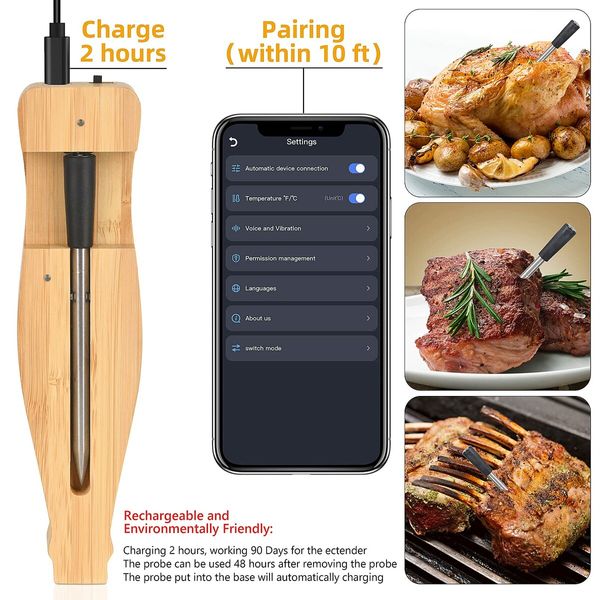 Wireless Meat Thermometer,450ft Meat Thermometer Digital,Smart APP Control Bluetooth Food Thermometer,Ultra-Sensitive Kitchen Thermometer with Thinner Probe for Cooking,Oven,Grill,BBQ