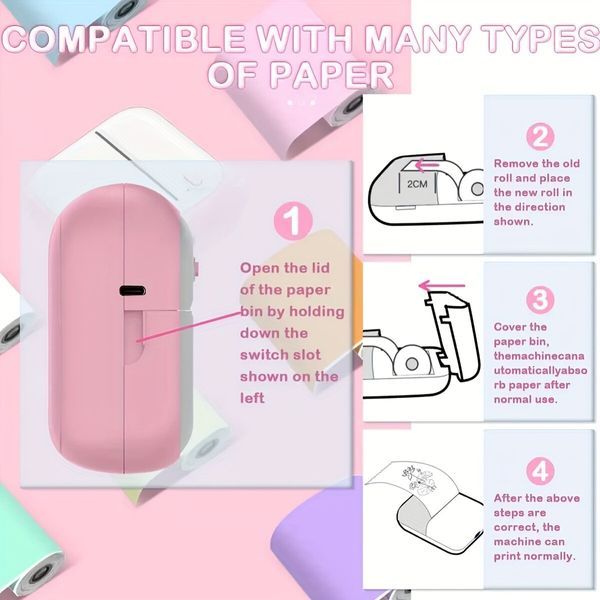 Mini Photo Printer For IPhone/Android,1000mAh Portable Thermal Photo Printer For Gift Study Notes Work Children Photo Picture Memo Color Pink