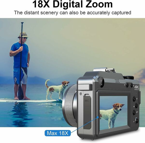 Digital Camera, 4K Cameras for Photography,18X Digital Zoom, AutoFocus,Anti-Shake,Dual Camera, 48MP Vlogging Camera for YouTube,Live Stream, Beginners Grey