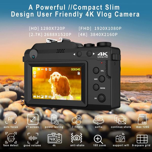 Vlogging Camera,4K 48MP Digital Camera with WiFi,Free 32G TF Card & Hand Strap,Auto Focus & Anti-Shake,Built-in 7 Color Filters,Face Detect,3" IPS Screen,140 Degree Wide Angle,18X Digital Zoom AC-04