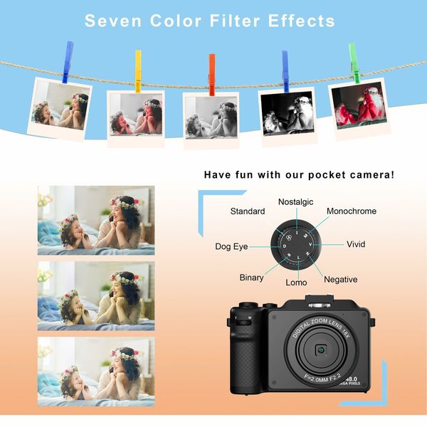 Vlogging Camera,4K 48MP Digital Camera with WiFi,Free 32G TF Card & Hand Strap,Auto Focus & Anti-Shake,Built-in 7 Color Filters,Face Detect,3" IPS Screen,140 Degree Wide Angle,18X Digital Zoom AC-04