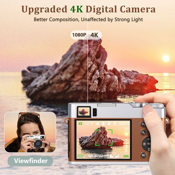 Upgraded 4K Digital Camera with Viewfinder Flash & Dial,48MP Digital Camera for Photography and Video Autofocus Anti-Shake,Travel Portable Camera with SD Card 2 Batteries,16X Zoom Vlogging Camera