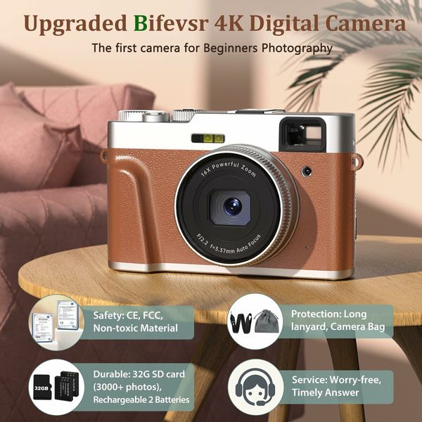 Upgraded 4K Digital Camera with Viewfinder Flash & Dial,48MP Digital Camera for Photography and Video Autofocus Anti-Shake,Travel Portable Camera with SD Card 2 Batteries,16X Zoom Vlogging Camera