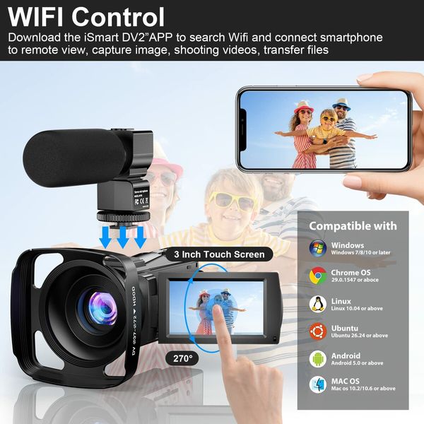 5K Video Camera Camcorder,48MP UHD Wifi IR Night Vision Vlogging Camera,16X Digital Zoom Touch Screen Vlog Camera with External Microphone,Lens Hood,Stabilizer,Remote,2 Batteries